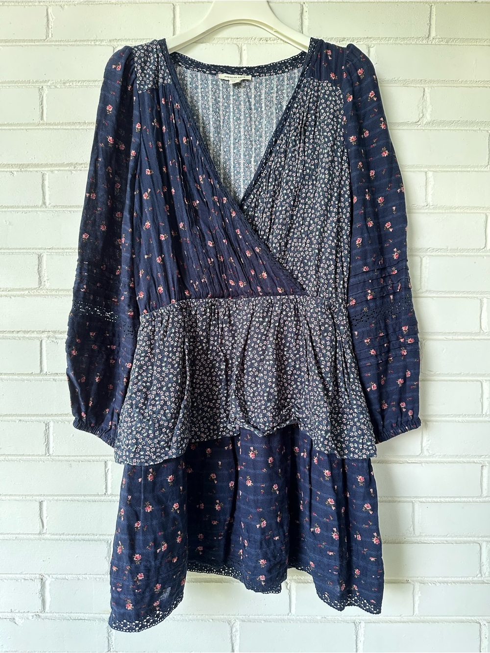 American Eagle Mixed Floral Print Boho Faux Wrap Mini Dress - Size L